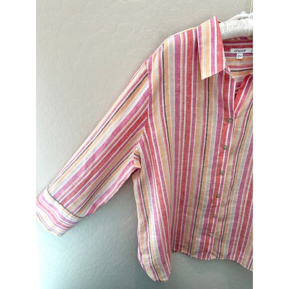 CHICO’S 100% Linen Pink Multicolor Striped Button Down Shirt | Size 3 (US 16) - Picture 3 of 7